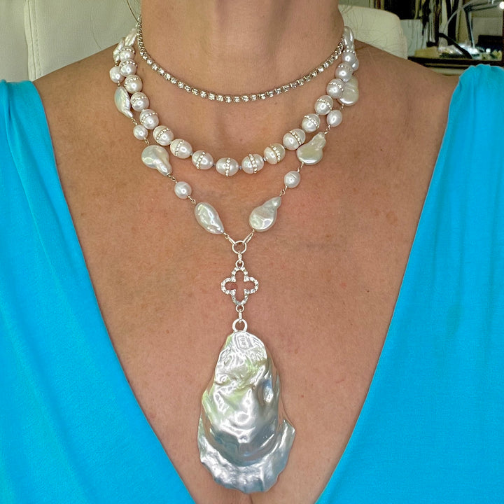 Silver Mist Oyster Shell and Baroque Pearl Statement Necklace