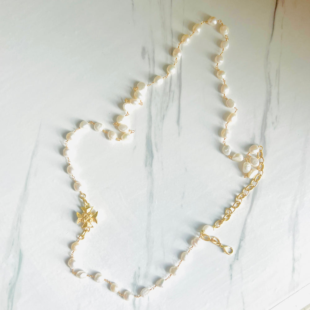 Long Fresh Water Pearl and Templar Cross Necklace – Fickle Fox Co