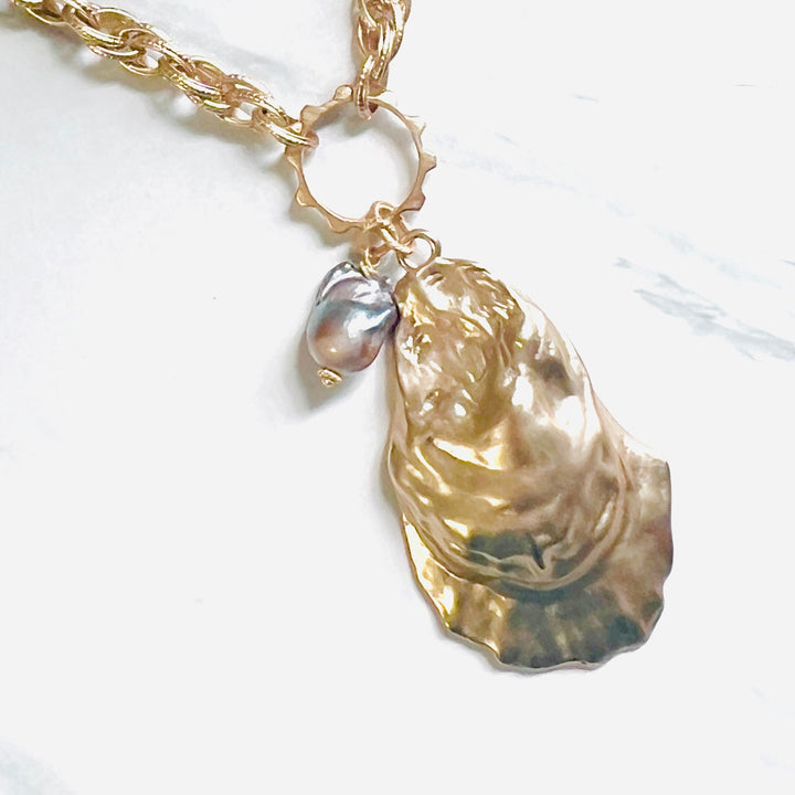 Phoebe Gold Oyster Shell Pendant with Large Peacock  Pearl Accent