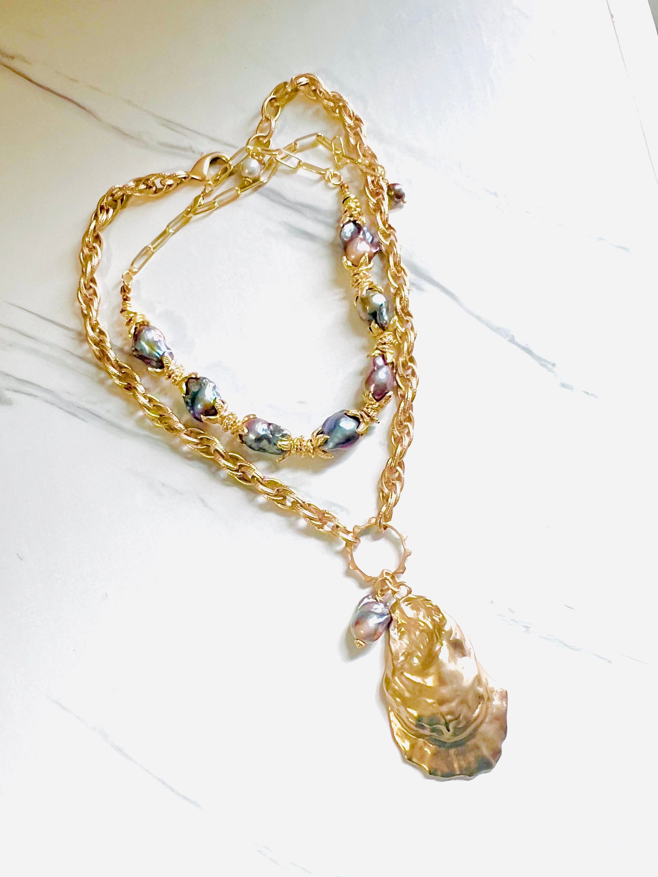 Phoebe Gold Oyster Shell Pendant with Large Peacock  Pearl Accent