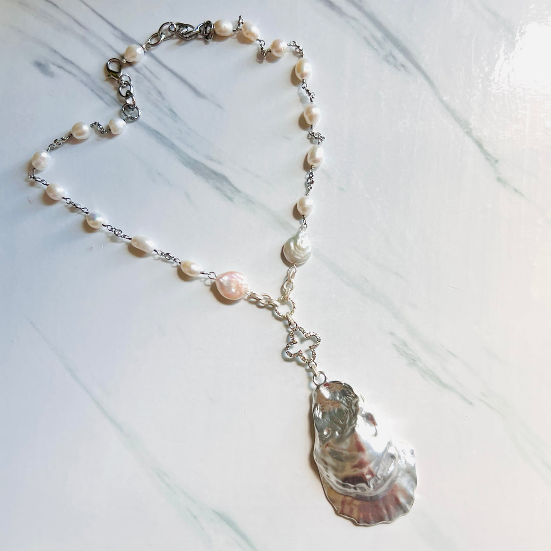 Silver Mist Oyster Shell and Baroque Pearl Statement Necklace