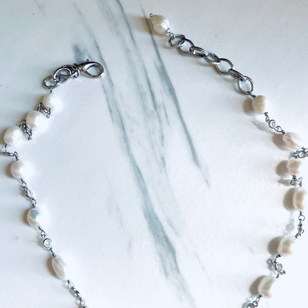 Silver Mist Oyster Shell and Baroque Pearl Statement Necklace