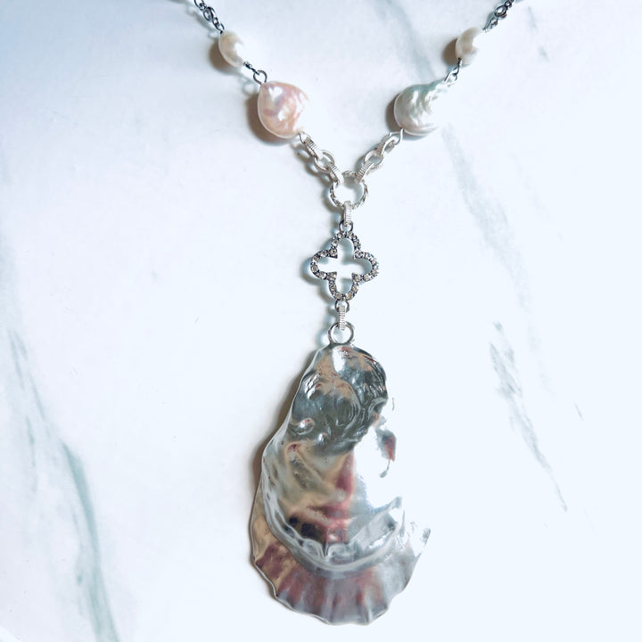 Silver Mist Oyster Shell and Baroque Pearl Statement Necklace