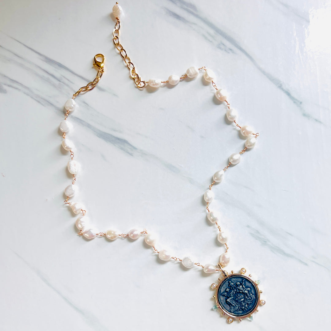 Le Monde Long French Coin and Freshwater Pearl Necklace