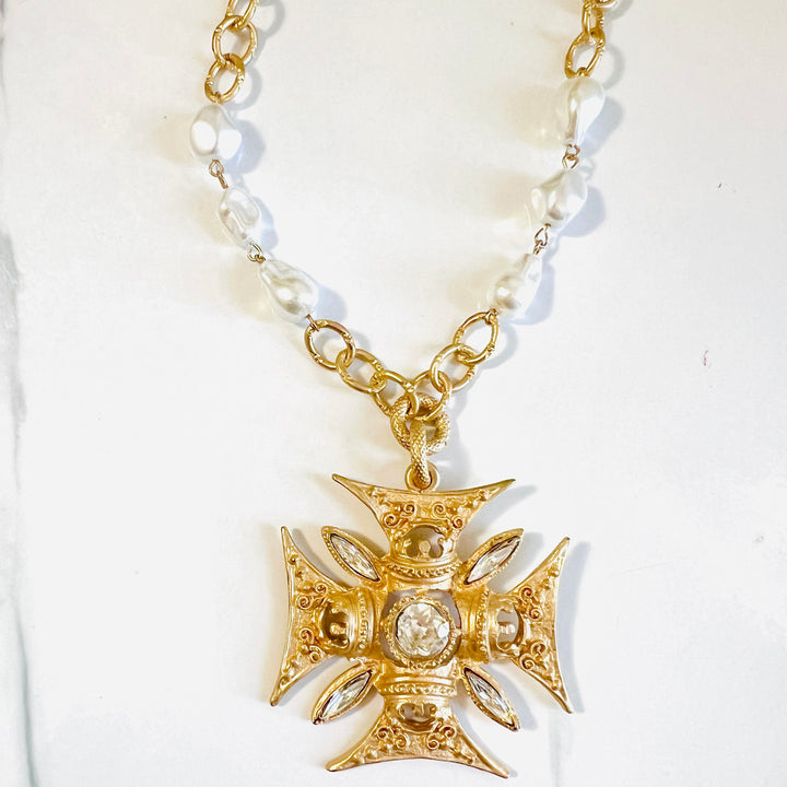 Charlemagne Crystal Cross Necklace in Gold or Silver