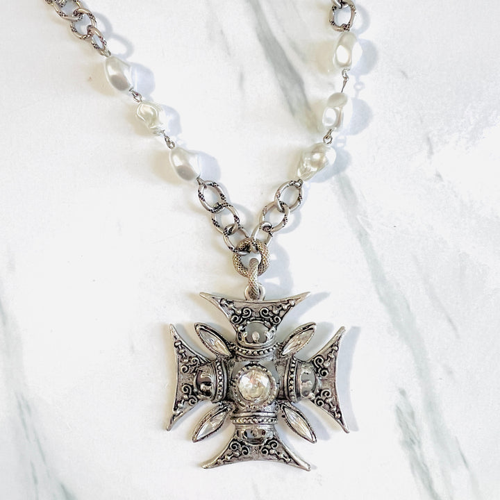 Charlemagne Crystal Cross Necklace in Gold or Silver