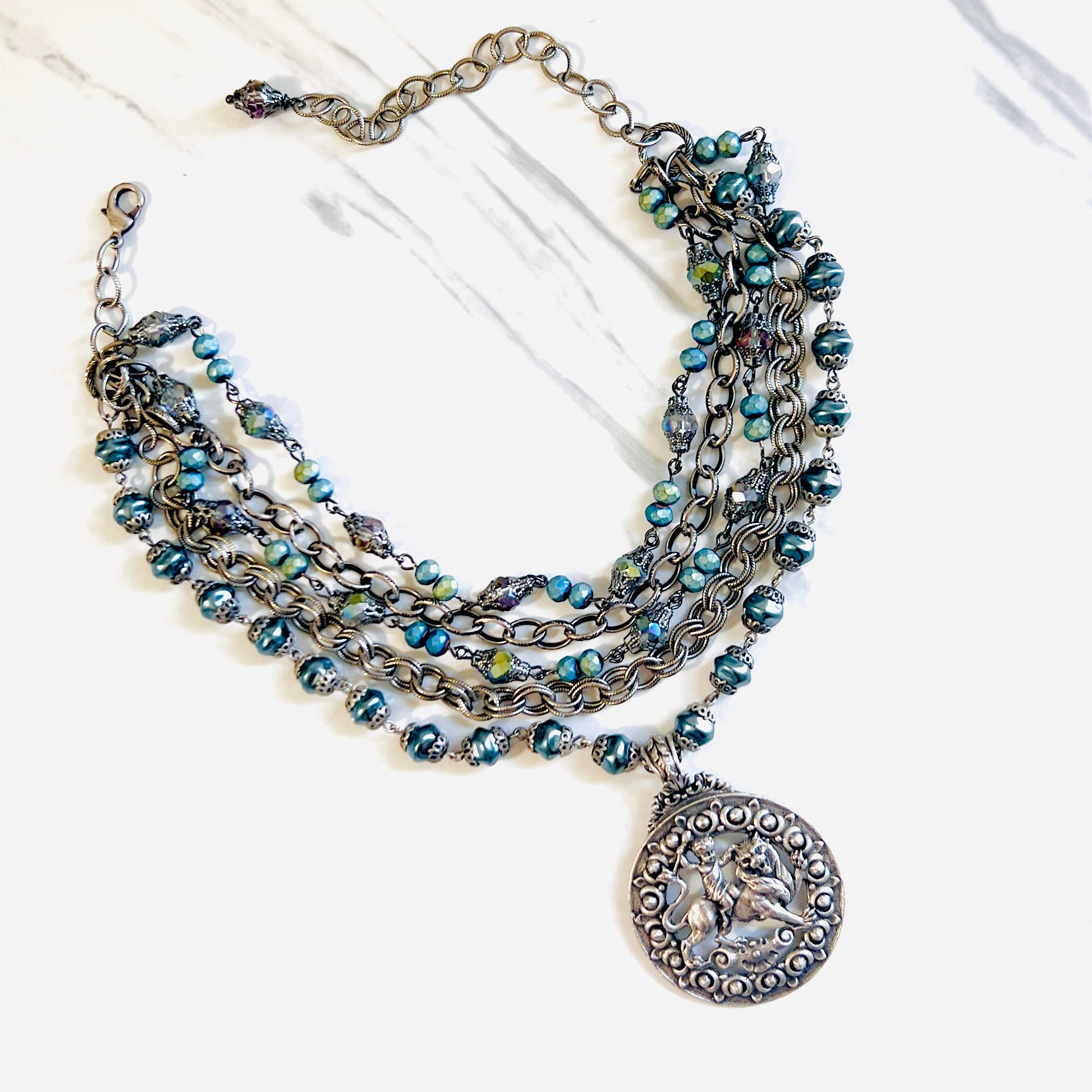 Lionheart Blue Pearl and Crystal Multi Strand Necklace