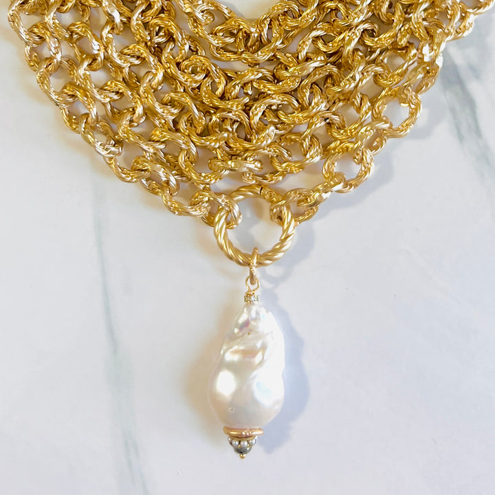 Maxine Five Strand Gold Statement Necklace with Large Baroque Pearl