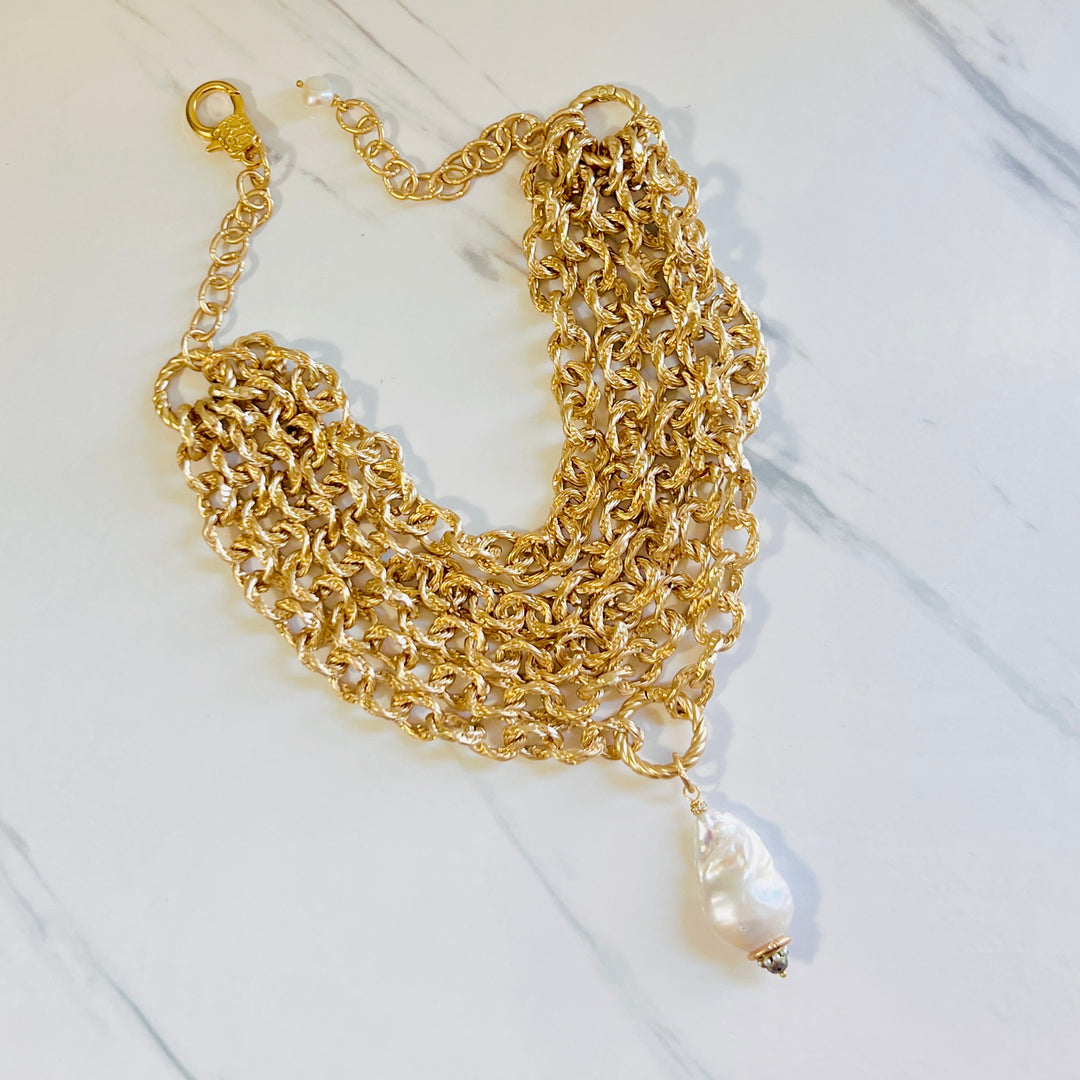 Maxine Five Strand Gold Statement Necklace with Large Baroque Pearl