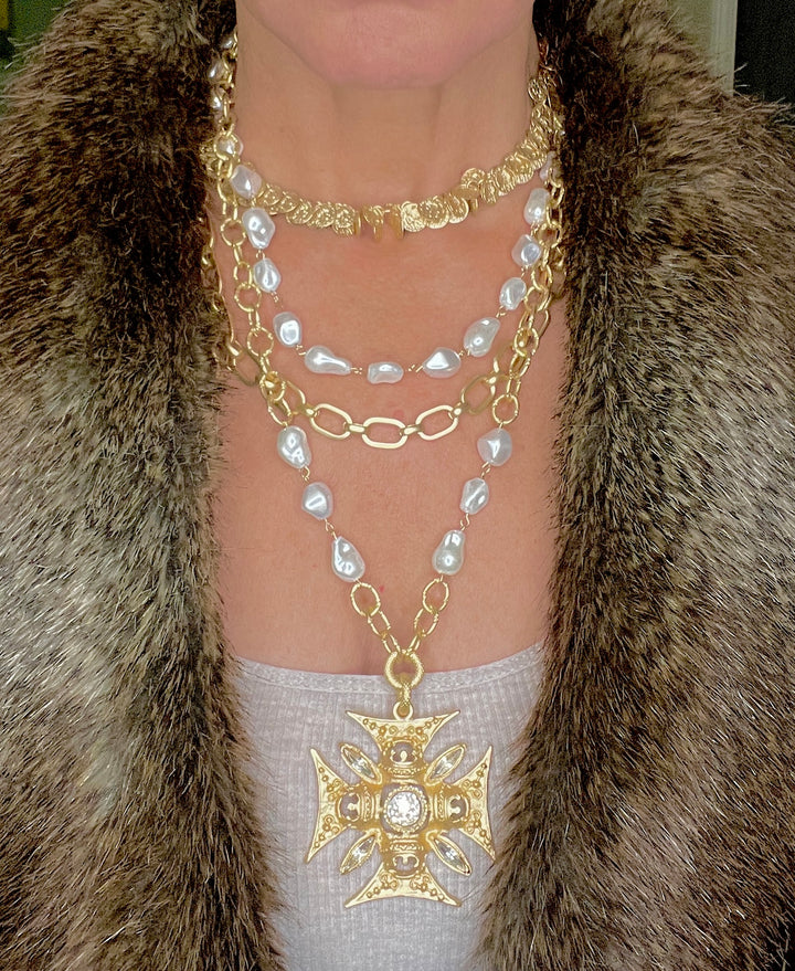 Charlemagne Crystal Cross Necklace in Gold or Silver