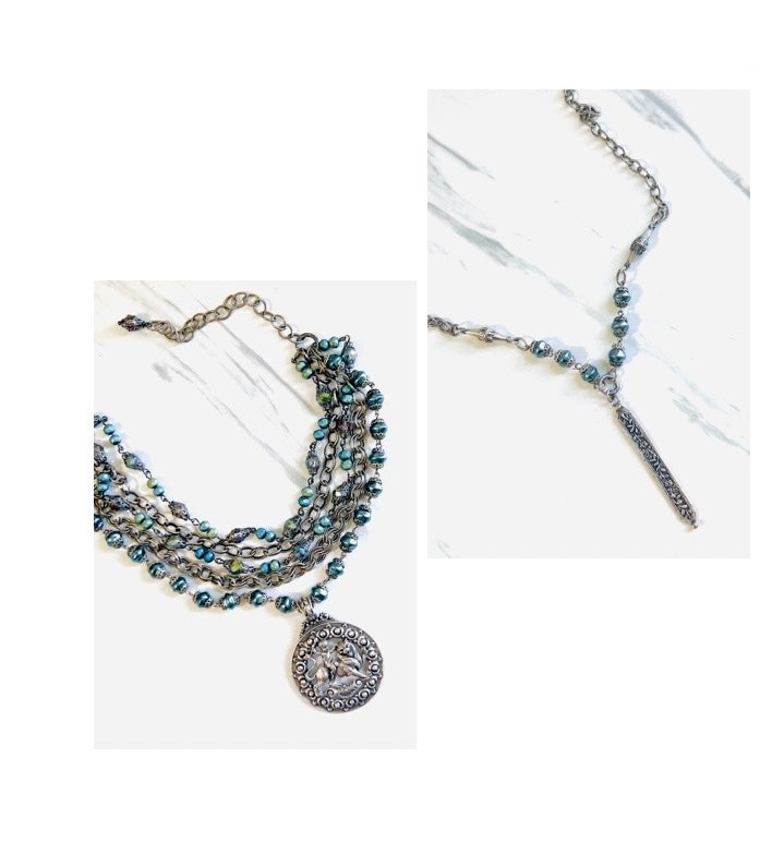 Lionheart Blue Pearl and Crystal Multi Strand Necklace