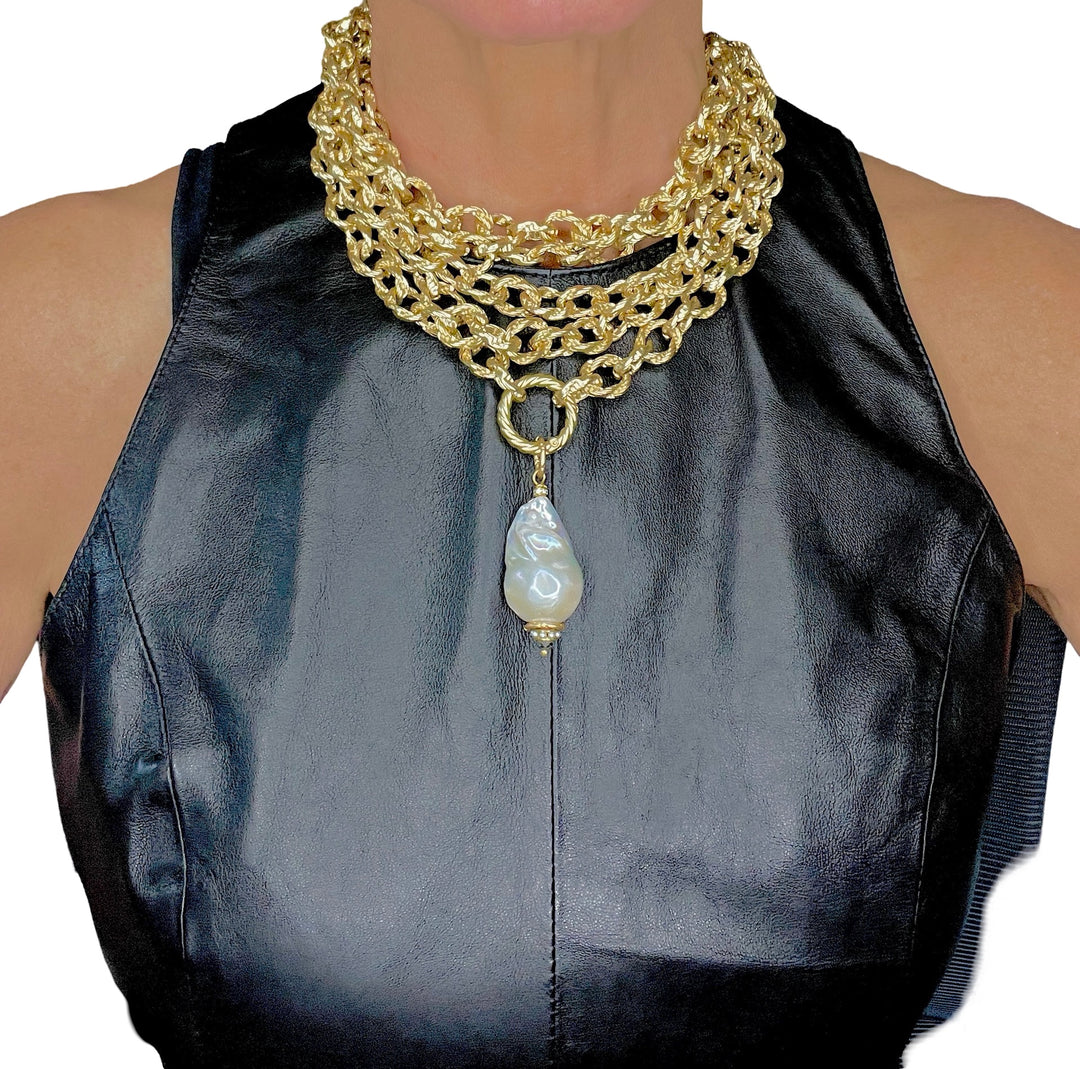 Maxine Five Strand Gold Statement Necklace with Large Baroque Pearl