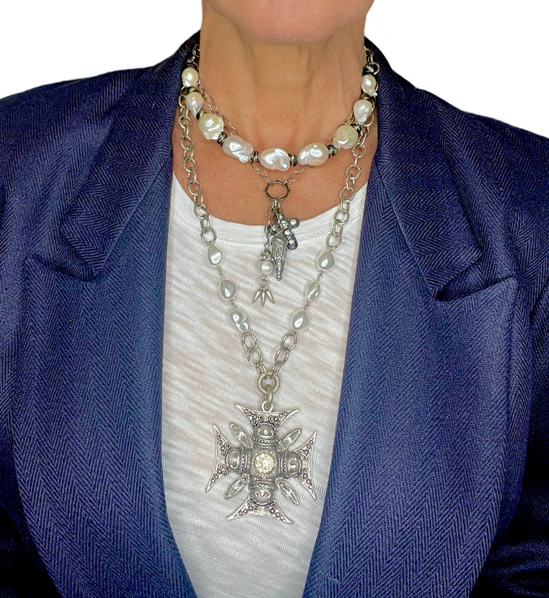 Charlemagne Crystal Cross Necklace in Gold or Silver